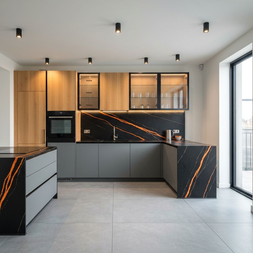 Графитовая кухня с деревом